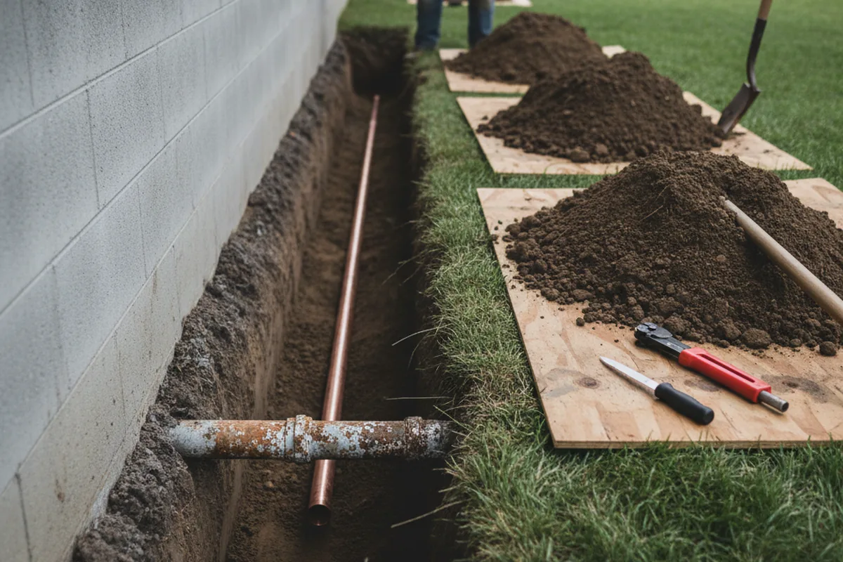 Excavated water line trench during Water Softener Installation in Louisville